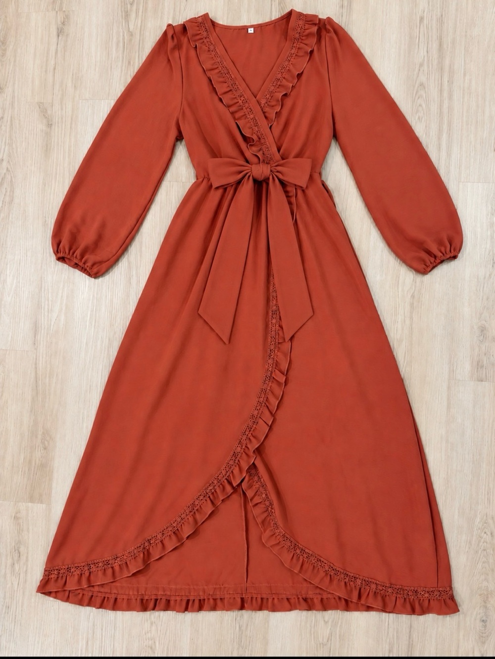 Long Sleeve Wrap Maxi Dress in Rust with Tie Waist